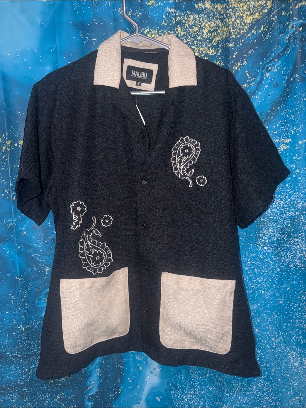 Malibu Men’s Black Short-Sleeve Collared Shirt with Cream Accents